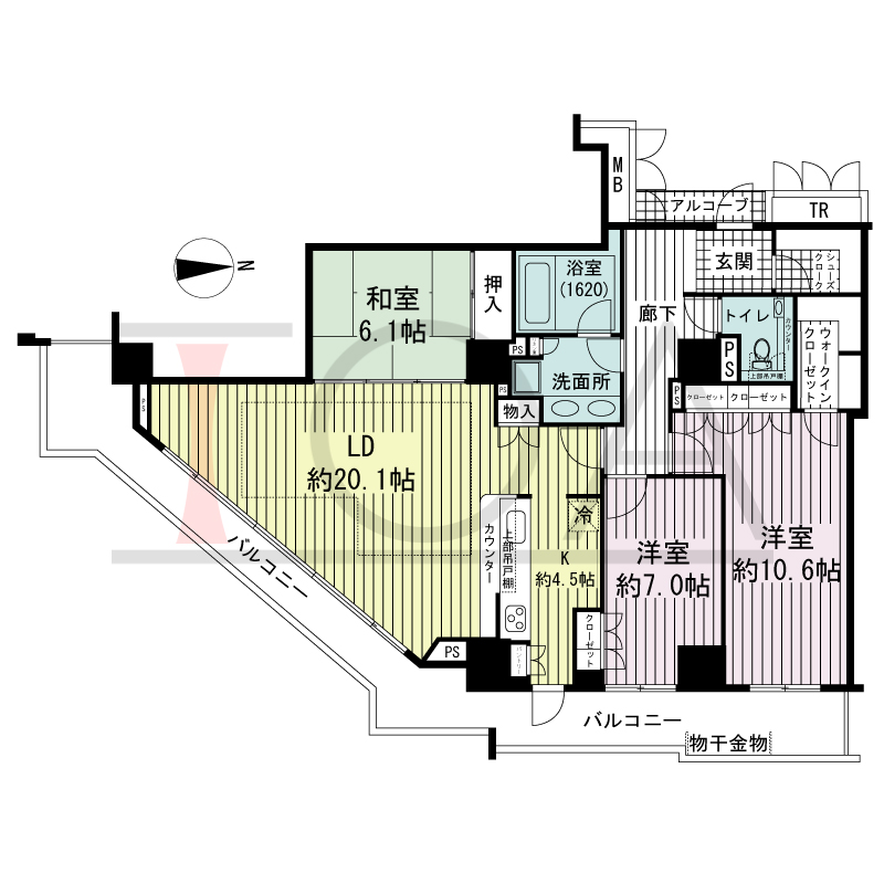 アップルタワー大阪谷町の間取り図 東向き角　3LDK　専有面積116.78m2
バルコニー面積25.28m2
アルコーブ面積1.88m2