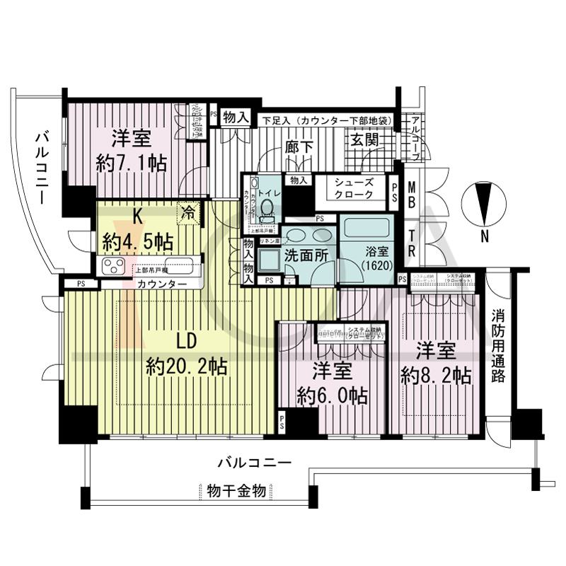 アップルタワー大阪谷町の間取り図 北向き角　3LDK　専有面積106.62m2
バルコニー面積26.52m2
アルコーブ面積1.04m2