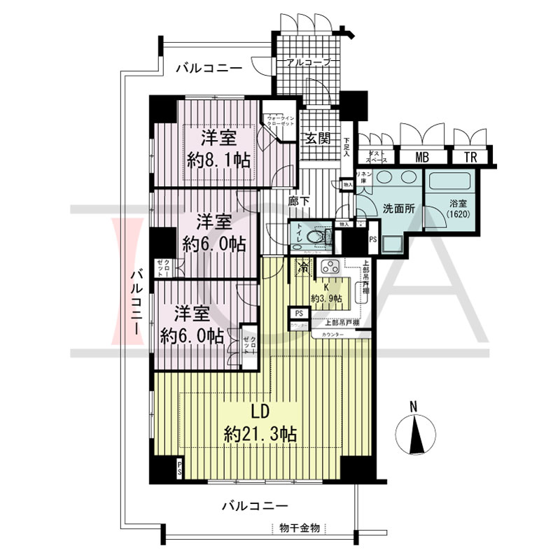 アップルタワー大阪谷町の間取り図 南西向き角　3LDK　専有面積101.90m2
バルコニー面積34.07m2
アルコーブ面積4.90m2