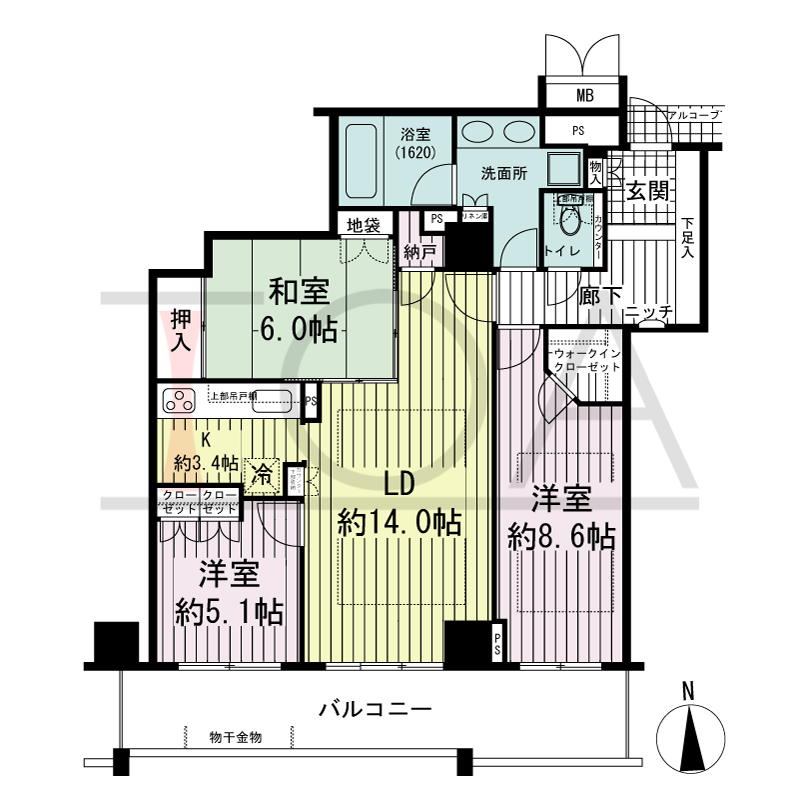 アップルタワー大阪谷町の間取り図 南向き　3LDK+N　専有面積89.71m2
バルコニー面積16.69m2
アルコーブ面積1.13m2