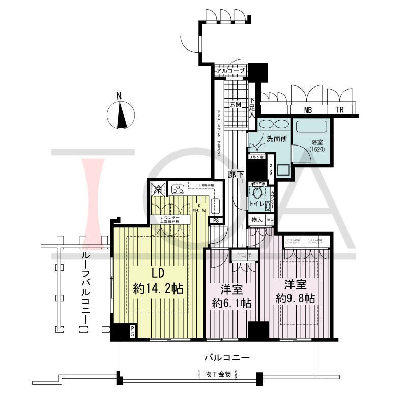 アップルタワー大阪谷町の間取り図 南向き角　2LDK　専有面積85.77m2
バルコニー面積16.51m2
サービスバルコニー面積9.49m2
アルコーブ面積1.07m2
