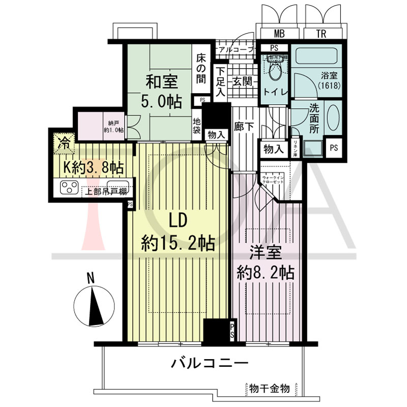 アップルタワー大阪谷町の間取り図 南向き　2LDK+N　専有面積77.71m2
バルコニー面積12.20m2
アルコーブ面積1.00m2
