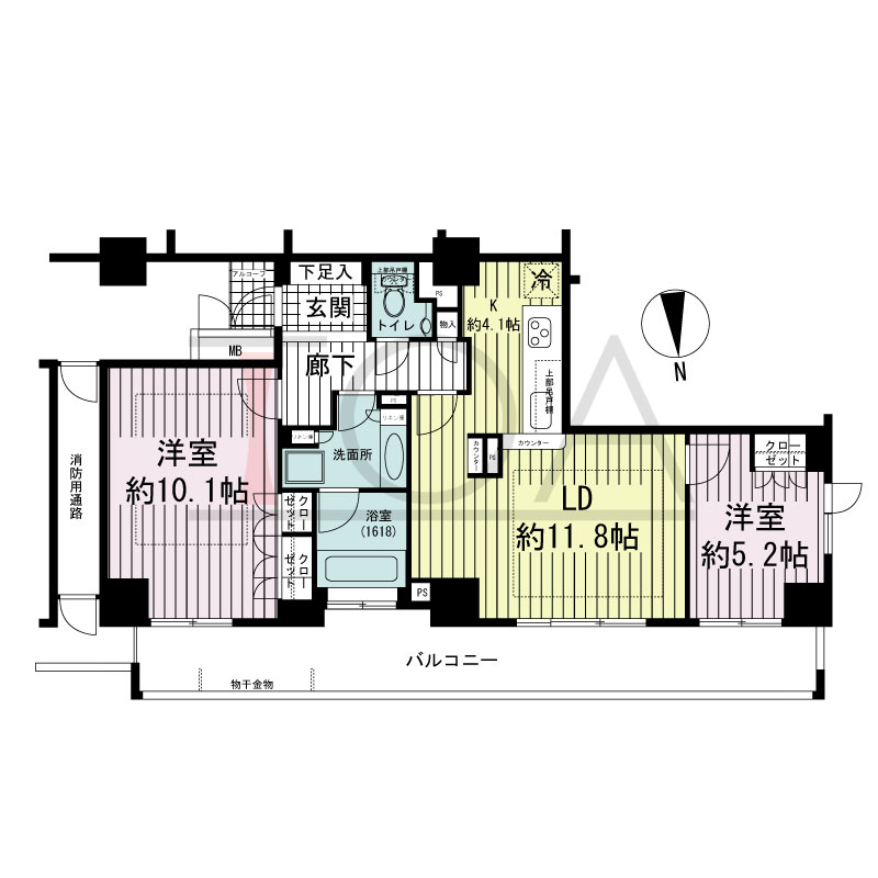 アップルタワー大阪谷町の間取り図 北向き角　2LDK　専有面積71.83m2
バルコニー面積18.58m2
アルコーブ面積1.31m2