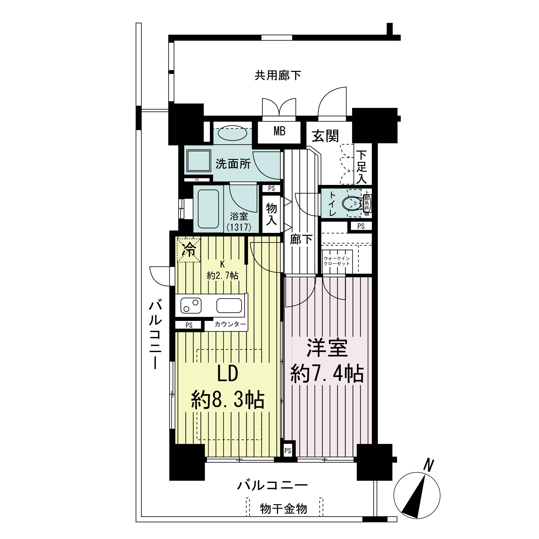 エスリード長堀タワーの間取り図 南東向き角　1LDK　専有面積48.38m2
バルコニー面積18.91m2