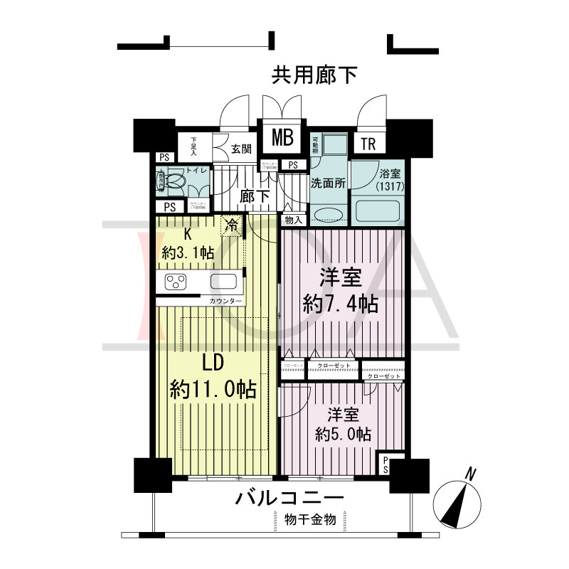 エスリード長堀タワーの間取り図 南東向き　2LDK　専有面積61.76m2
バルコニー面積10.54m2