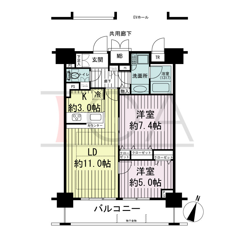 エスリード長堀タワーの間取り図 南東向き　2LDK　専有面積61.76m2
バルコニー面積10.54m2