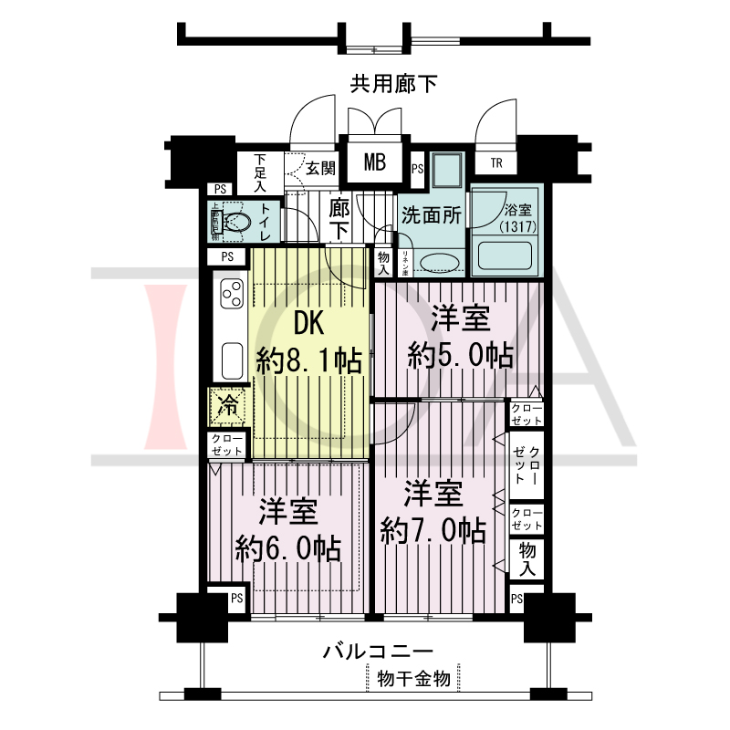 エスリード長堀タワーの間取り図 南東向き　3DK　専有面積61.76m2
バルコニー面積10.54m2