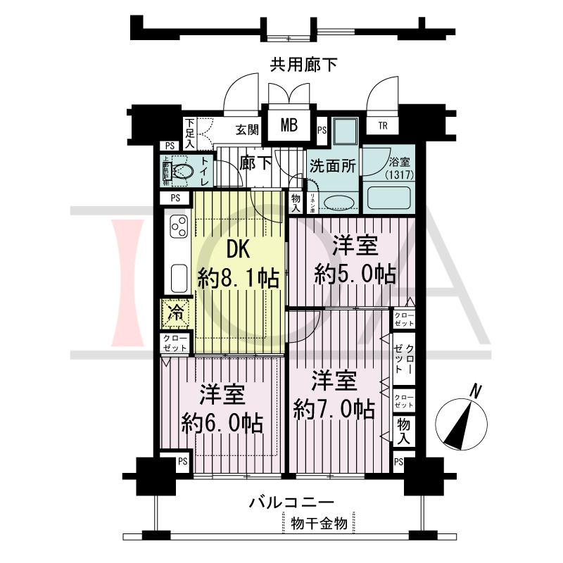 エスリード長堀タワーの間取り図 南東向き　3DK　専有面積61.76m2
バルコニー面積10.54m2