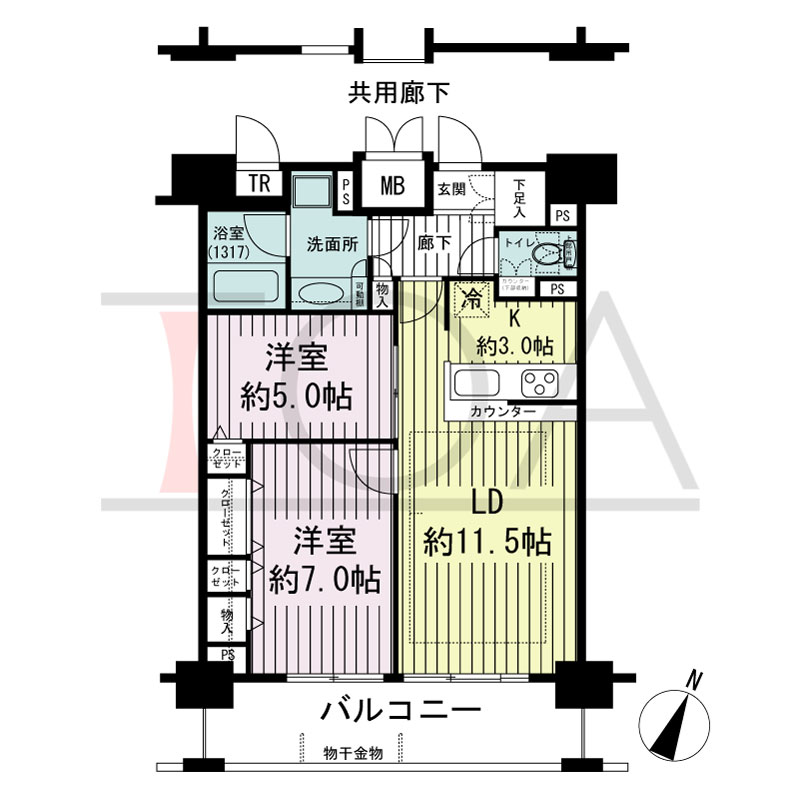 エスリード長堀タワーの間取り図 南東向き　2LDK　専有面積61.76m2
バルコニー面積10.54m2