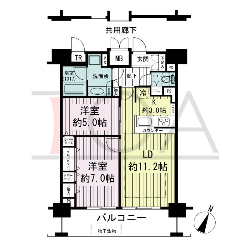 エスリード長堀タワーの間取り図 南東向き　2LDK　専有面積61.76m2
バルコニー面積10.54m2