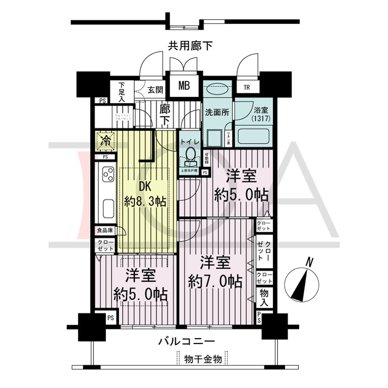 エスリード長堀タワーの間取り図 南東向き　3DK　専有面積61.76m2
バルコニー面積10.54m2