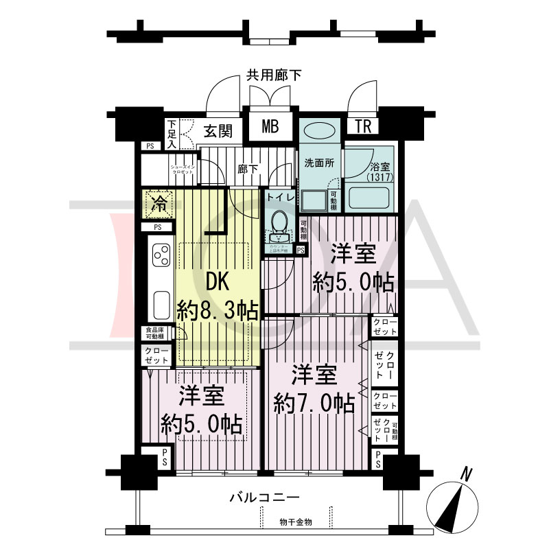 エスリード長堀タワーの間取り図 南東向き　3DK　専有面積61.76m2
バルコニー面積10.54m2