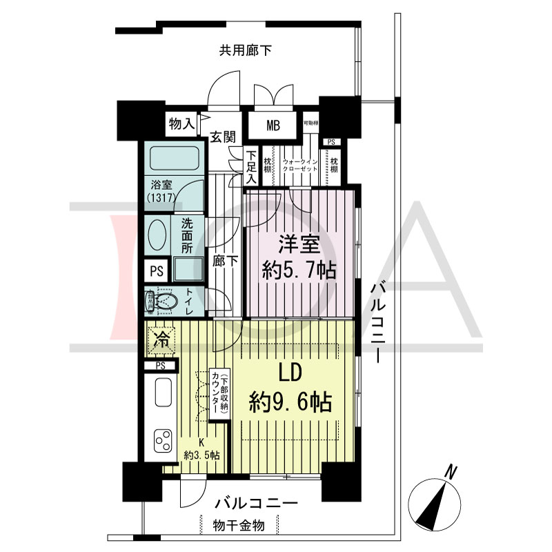 エスリード長堀タワーの間取り図 南東向き　1LDK　専有面積48.55m2
バルコニー面積18.74m2