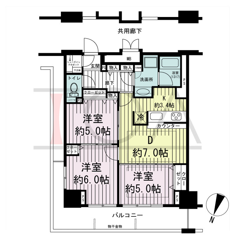 エスリード長堀タワーの間取り図 北東向き　3DK　専有面積63.35m2
バルコニー面積14.15m2