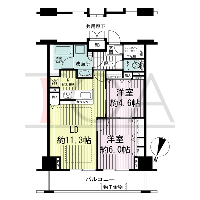 エスリード長堀タワーの間取り図 北東向き　2LDK　専有面積59.90m2
バルコニー面積10.54m2