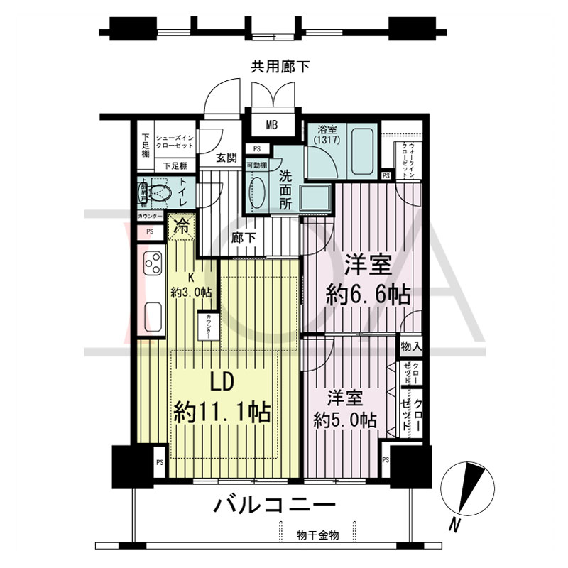 エスリード長堀タワーの間取り図 北東向き　2LDK　専有面積63.24m2
バルコニー面積10.54m2