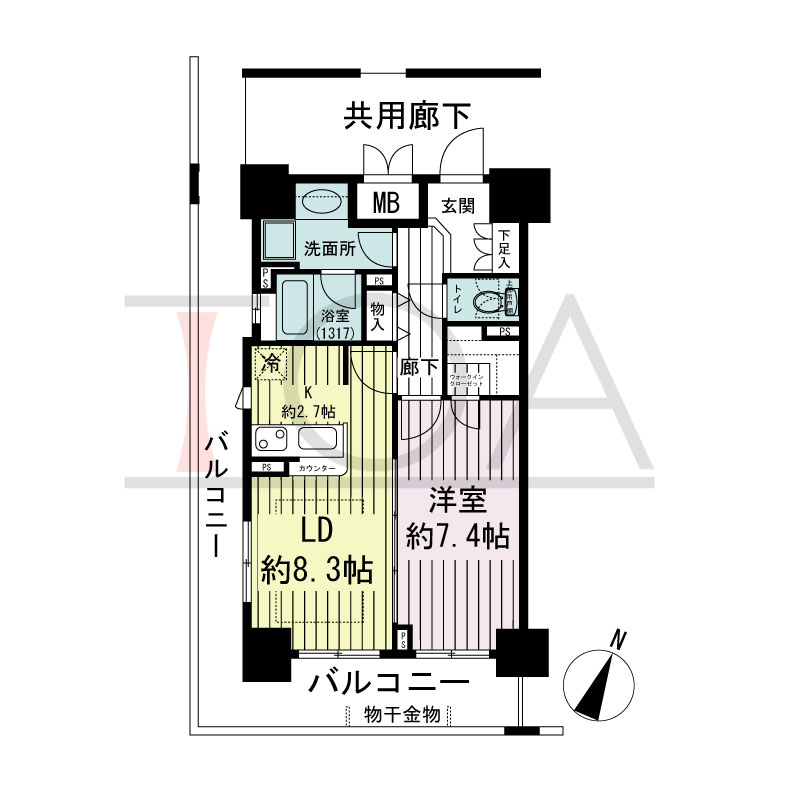 エスリード長堀タワーの間取り図 南東向き角　1LDK　専有面積48.38m2
バルコニー面積18.91m2