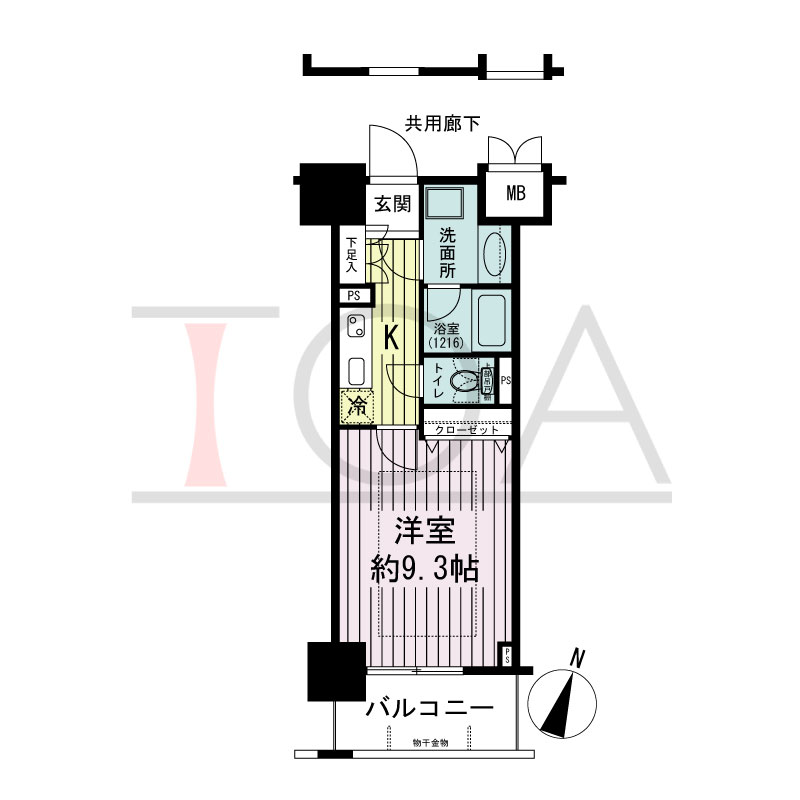 エスリード長堀タワーの間取り図 南東向き　1K　専有面積30.88m2
バルコニー面積5.27m2