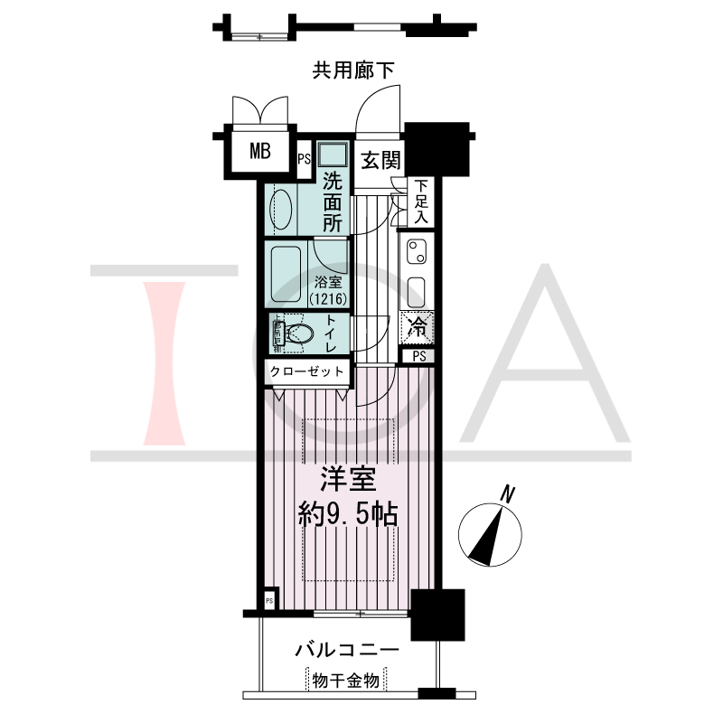 エスリード長堀タワーの間取り図 南東向き　1K　専有面積30.88m2
バルコニー面積5.27m2
