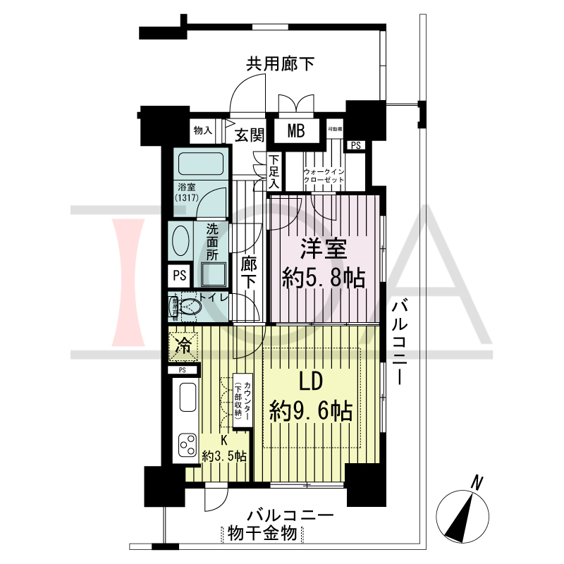 エスリード長堀タワーの間取り図 南東向き角　1LDK　専有面積48.55m2
バルコニー面積18.74m2