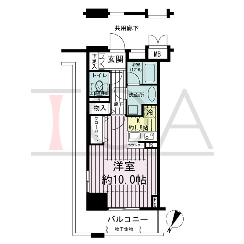 エスリード長堀タワーの間取り図 北東向き　1K　専有面積33.0m2
バルコニー面積9.05m2