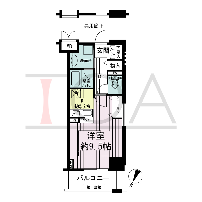 エスリード長堀タワーの間取り図 北東向き　1K　専有面積33.29m2
バルコニー面積33.29m2