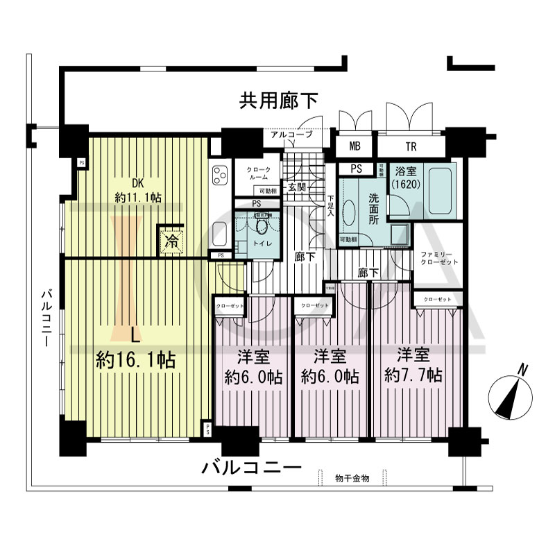 エスリード長堀タワーの間取り図 南東向き角　3LDK　専有面積110.09m2
バルコニー面積29.28m2