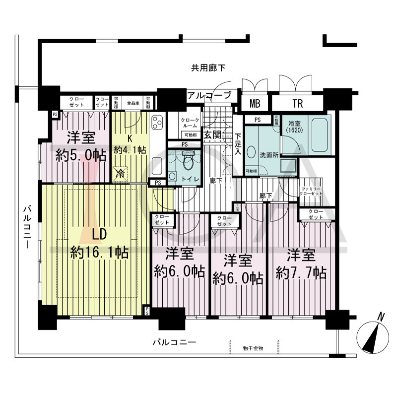 エスリード長堀タワーの間取り図 南東向き角　4LDK　専有面積110.09m2
バルコニー面積29.28m2