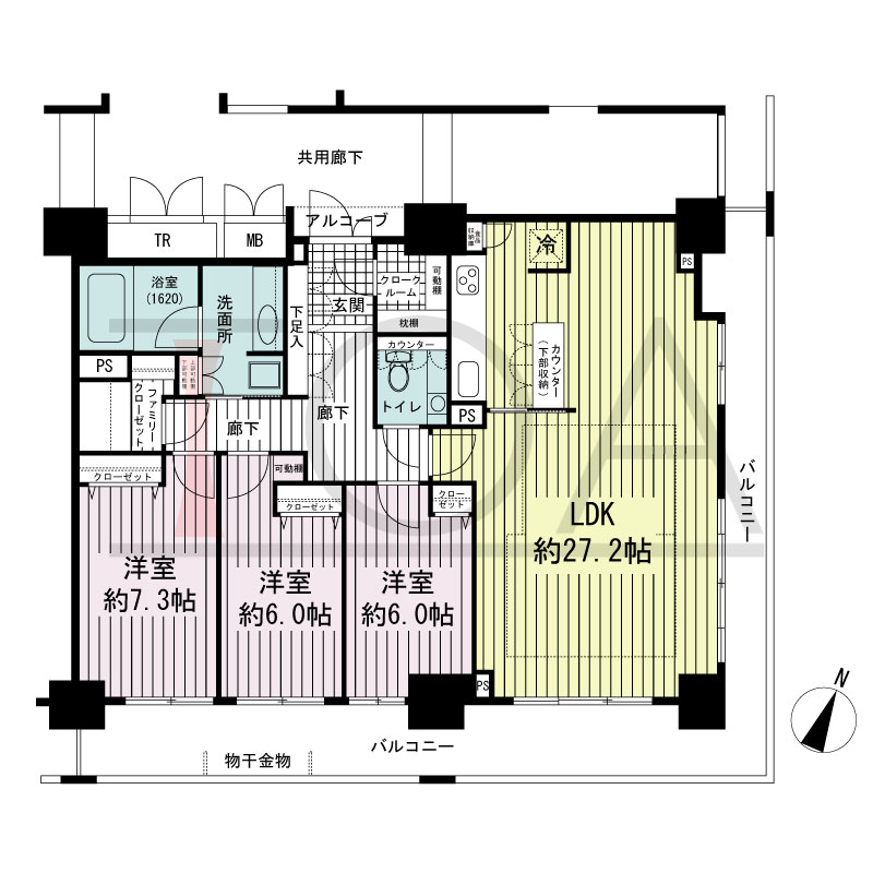 エスリード長堀タワーの間取り図 南東向き角　3LDK　専有面積110.09m2
バルコニー面積29.28m2