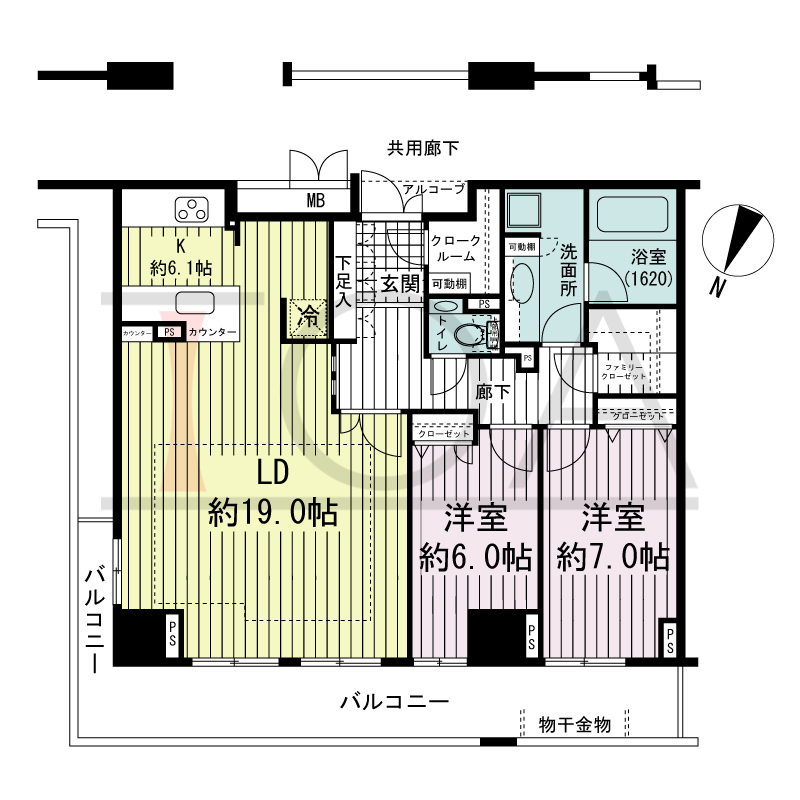 エスリード長堀タワーの間取り図 北東向き角　2LDK　専有面積92.41m2
バルコニー面積19.42m2