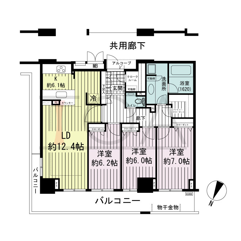 エスリード長堀タワーの間取り図 北東向き角　3LDK　専有面積92.41m2
バルコニー面積19.42m2