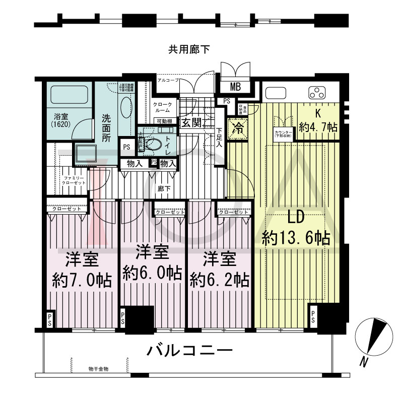エスリード長堀タワーの間取り図 北東向き　3LDK　専有面積92.30m2
バルコニー面積15.81m2