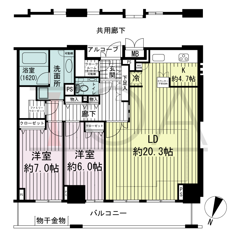 エスリード長堀タワーの間取り図 北東向き　2LDK　専有面積92.30m2
バルコニー面積15.81m2