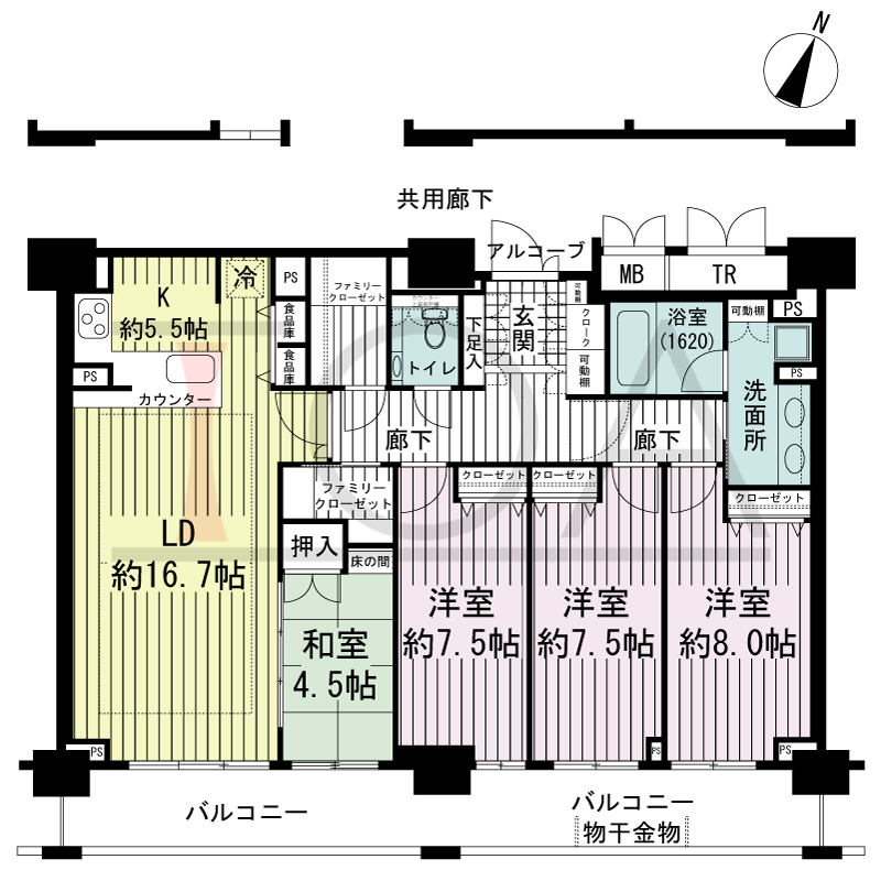 エスリード長堀タワーの間取り図 南東向き　4LDK　専有面積123.29m2
バルコニー面積20.40m2