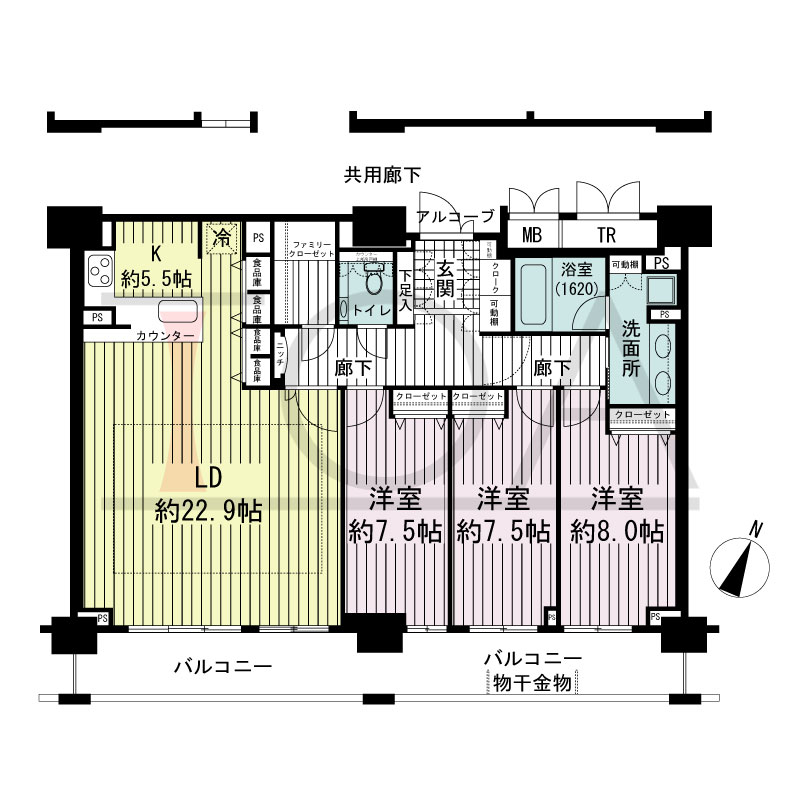 エスリード長堀タワーの間取り図 南東向き　3LDK　専有面積123.29m2
バルコニー面積20.40m2