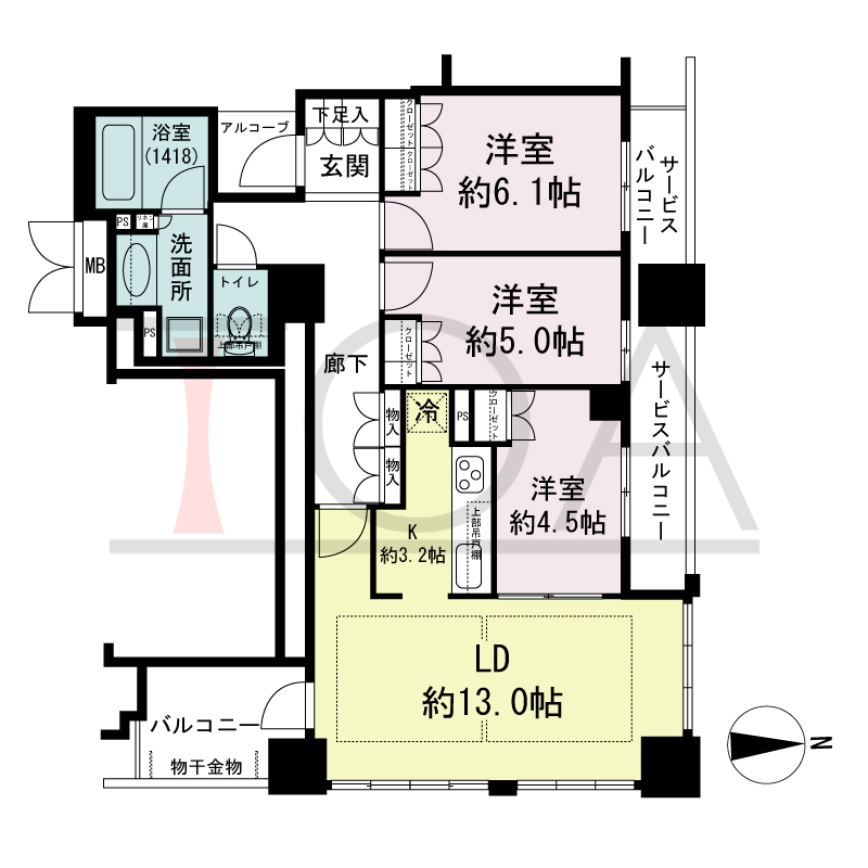クラッシィタワー南船場の間取り図 北東向き角　3LDK　専有面積73.96m2
バルコニー面積5.58m2
サービスバルコニー面積8.30m2