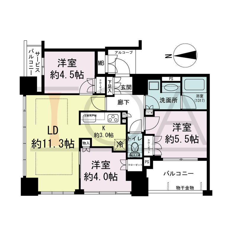 クラッシィタワー南船場の間取り図 北西向き角　3LDK　専有面積63.65m2
バルコニー面積6.16m2
サービスバルコニー面積2.77m2