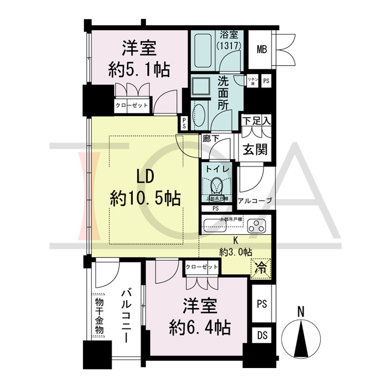 クラッシィタワー南船場の間取り図 西向き　2LDK　専有面積55.65m2
バルコニー面積5.72m2