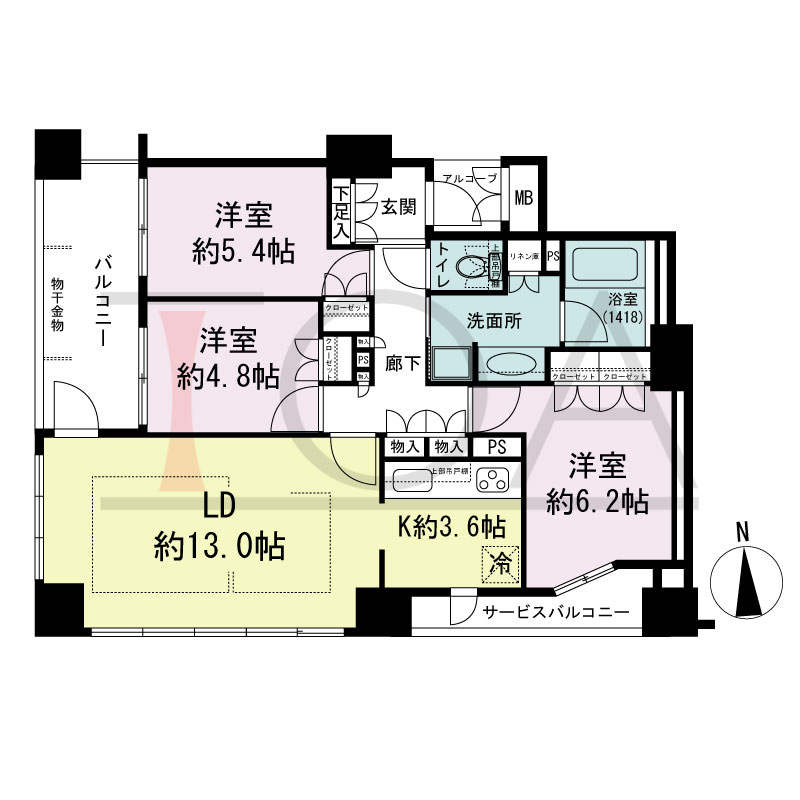 クラッシィタワー南船場の間取り図 南西向き角　3LDK　専有面積74.72m2
バルコニー面積8.56m2
サービスバルコニー面積4.15m2