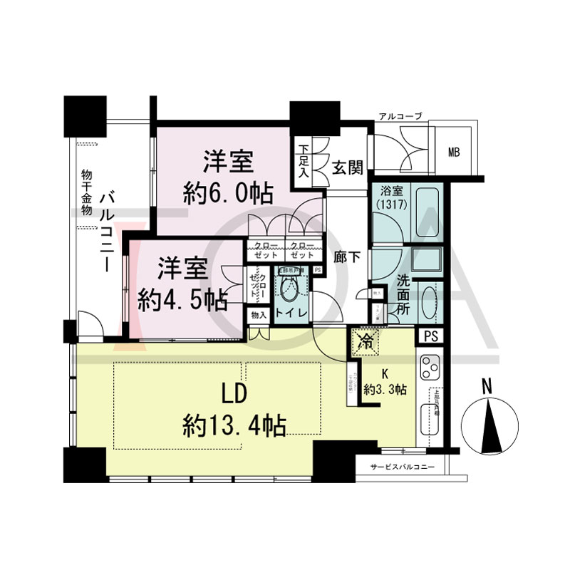 クラッシィタワー南船場の間取り図 南西向き角　2ＬＤＫ　専有面積61.19m2
バルコニー面積7.49m2
サービスバルコニー面積1.67m2