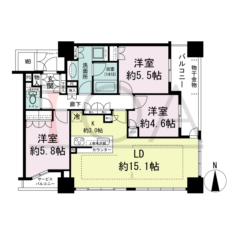 クラッシィタワー南船場の間取り図 南東向き角　3ＬＤＫ　専有面積76.17m2
バルコニー面積8.19m2
サービスバルコニー面積2.61m2