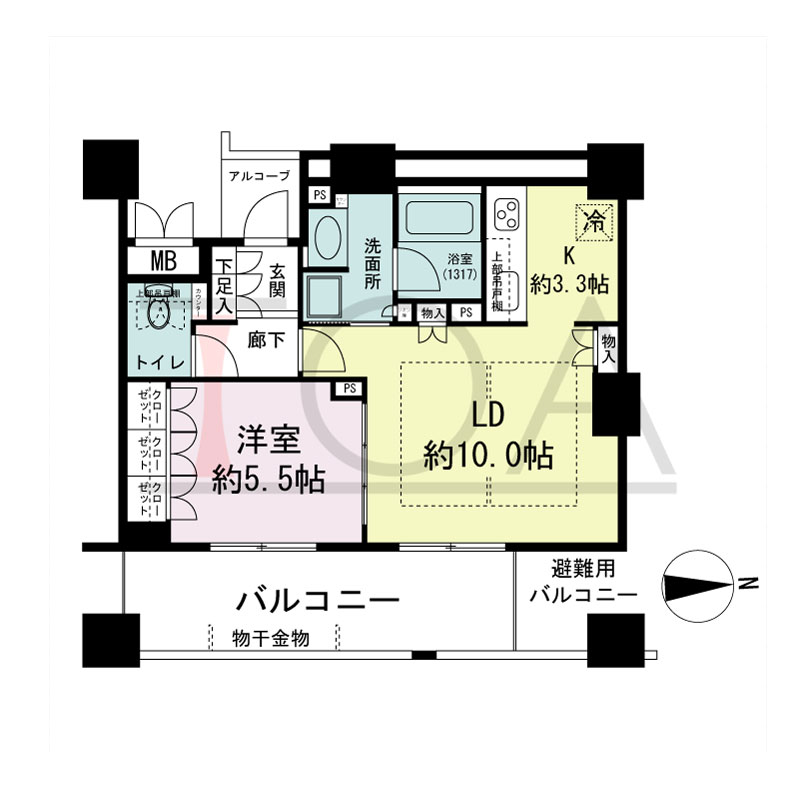 クラッシィタワー南船場の間取り図 東向き　1ＬＤＫ　専有面積46.22m2
バルコニー面積11.70m2