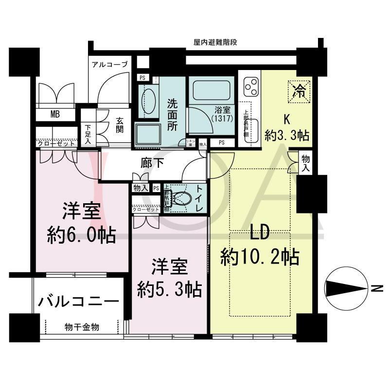 クラッシィタワー南船場の間取り図 東向き　2ＬＤＫ　専有面積56.26m2
バルコニー面積4.80m2