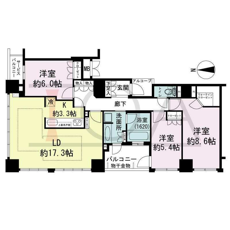 クラッシィタワー南船場の間取り図 北西向き角　3LDＫ　専有面積93.69m2
バルコニー面積5.69m2
サービスバルコニー面積2.77m2