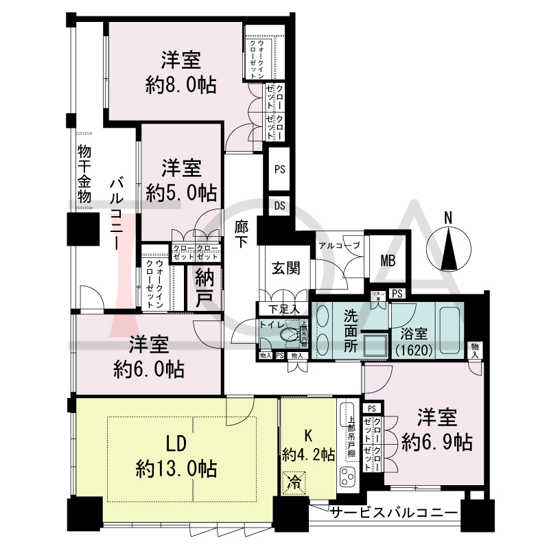 クラッシィタワー南船場の間取り図 南西向き角　4LDK　専有面積105.16m2
バルコニー面積12.09m2
サービスバルコニー面積4.66m2