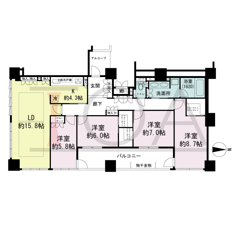 クラッシィタワー南船場の間取り図 南東向き角　4LDK　専有面積112.27m2
バルコニー面積14.45m2