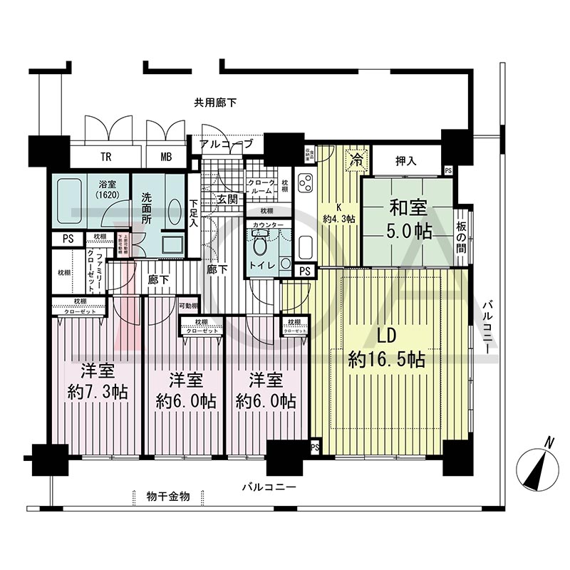 エスリード長堀タワーの間取り図 南東向き角　4LDK　専有面積110.09m2
バルコニー面積29.28m2