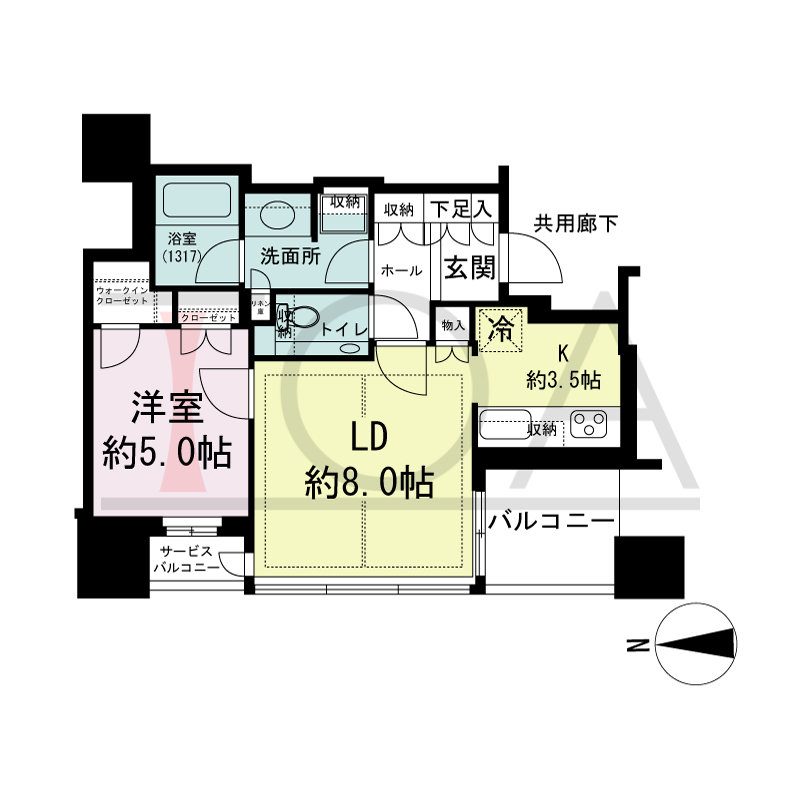クラッシィタワー淀屋橋の間取り図 西向き 1LDK 専有面積41.85m2
バルコニー面積4.38m2
サービスバルコニー面積2.31m2