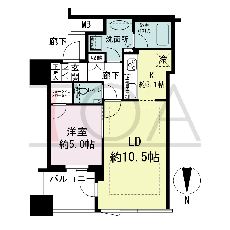 クラッシィタワー淀屋橋の間取り図 北向き 1LDK 専有面積44.53m2
バルコニー面積5.08m2