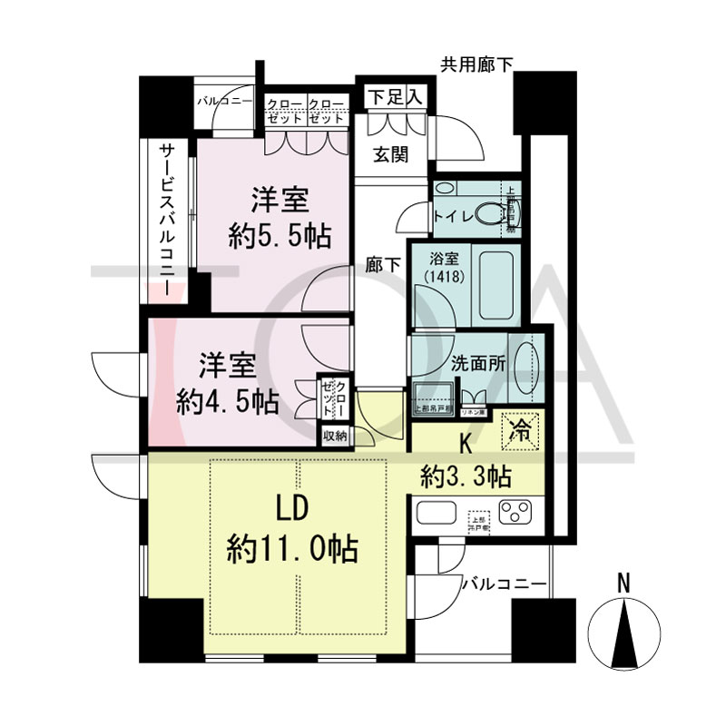 クラッシィタワー淀屋橋の間取り図 南西向き角 2LDK 専有面積55.93m2
バルコニー面積6.24m2
サービスバルコニー面積2.78m2